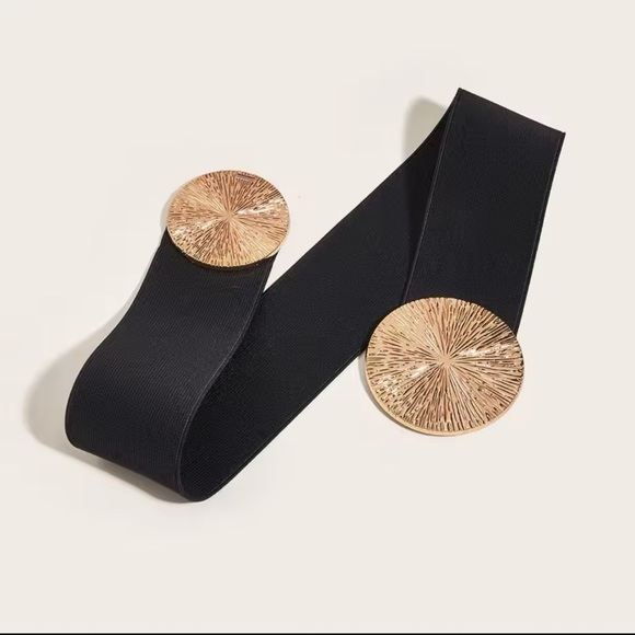 NEW Elastic Wide Corset Safe Waist Belt Gold Metallic Snap Buckle Black Cinched - Picture 3 of 9